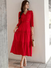Cotton Patchwork Lace Dresses V-Neck Lantern Sleeve Maxi Dress